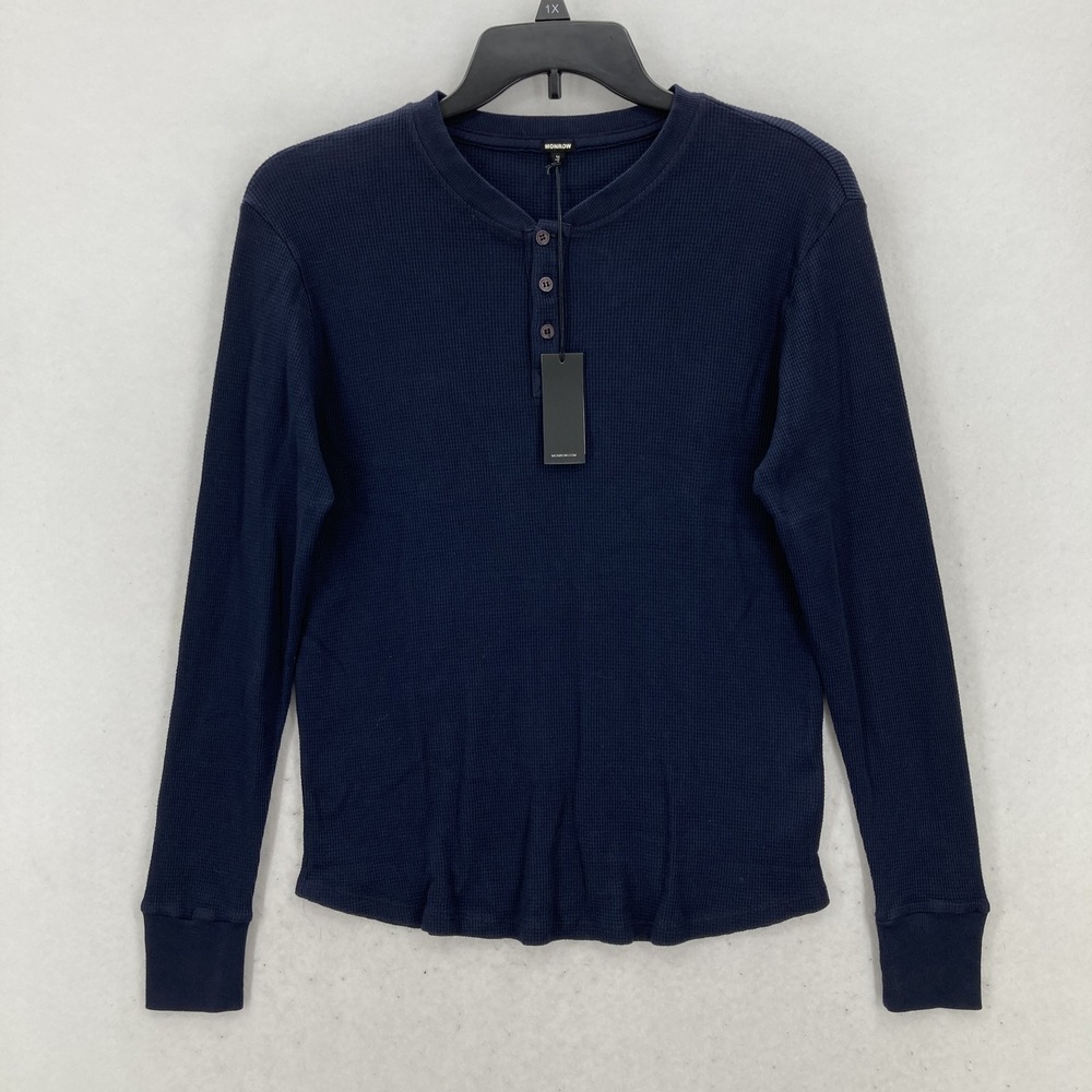Monrow Henley Shirt Mens Medium Navy Blue Waffle Knit Long Sleeve Made USA Modal
